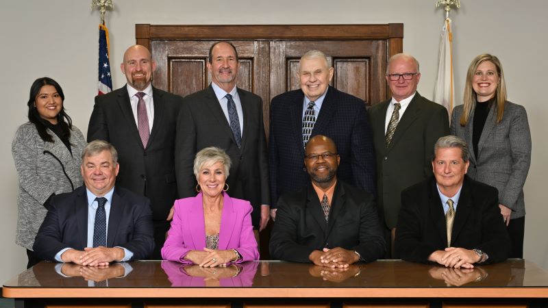 2023-24 Board of Trustees, Top row: Student representative Jennifer Bustos, Dr. Michael Boyd, Dr. PJ Thompson, Jerald Hoekstra, Bill Orr, Claire Chaplinski, Front Row: Cathy Boicken, Todd Widholm, Brad Hove, Patrick Martin