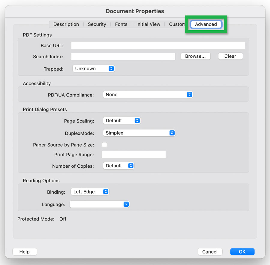 Screenshot highlighting the 'Advanced' tab in the 'Document Properties' window of a PDF in Acrobat.