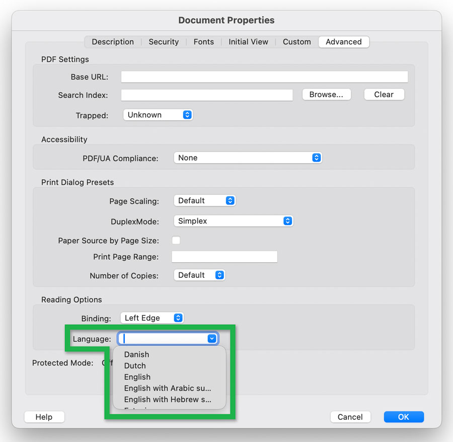 Screenshot highlighting the 'Advanced' tab in the 'Document Properties' window of a PDF in Acrobat.