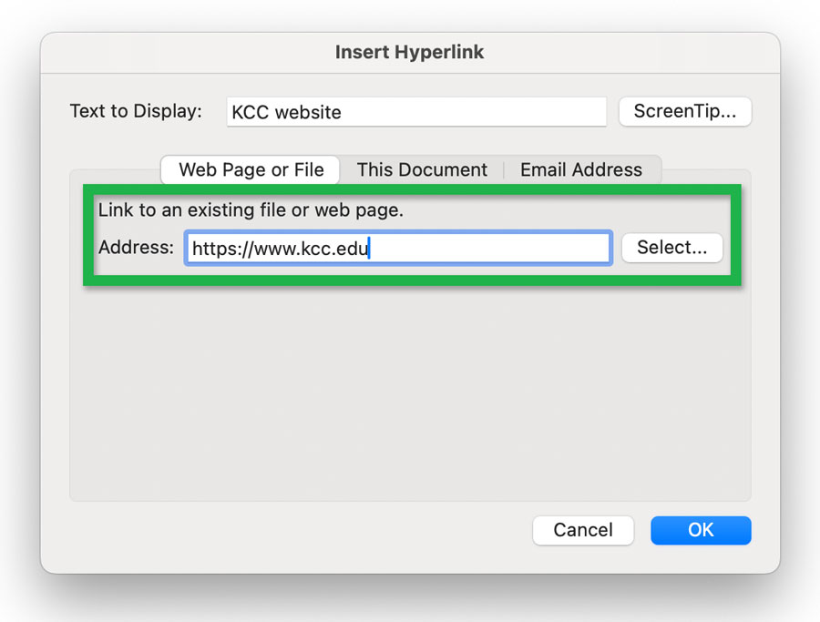 Screenshot showing the 'Insert Hyperlink' window highlighting the 'Address' field used to add the web address.