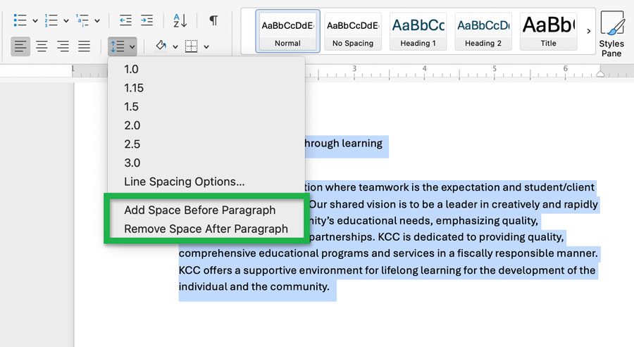 Screenshot highlighting the 'Add Space Before Paragraph' and 'Remove Space After Paragraph' options.
