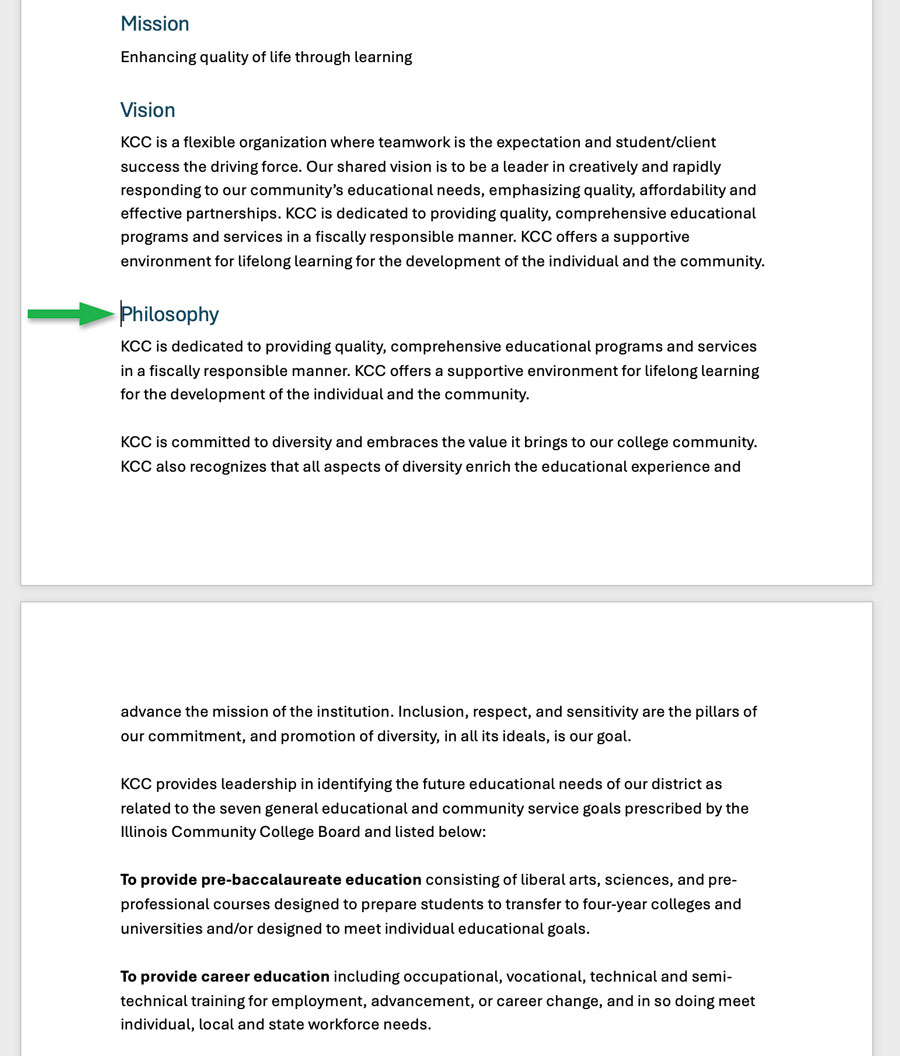 Screenshot highlighting the cursor placement before a new section's heading towards the end of a page.