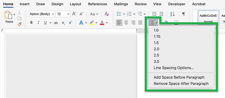 Screenshot highlighting the 'Line and Paragraph Spacing' dropdown in the 'Paragraph' panel of the 'Home' tab.