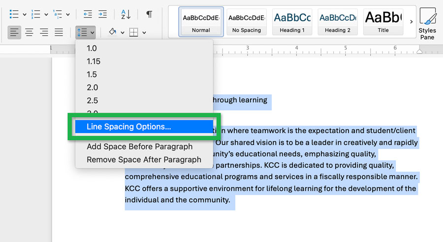 Screenshot highlighting 'Line Spacing Options...' in the 'Line and Paragraph Spacing' dropdown.