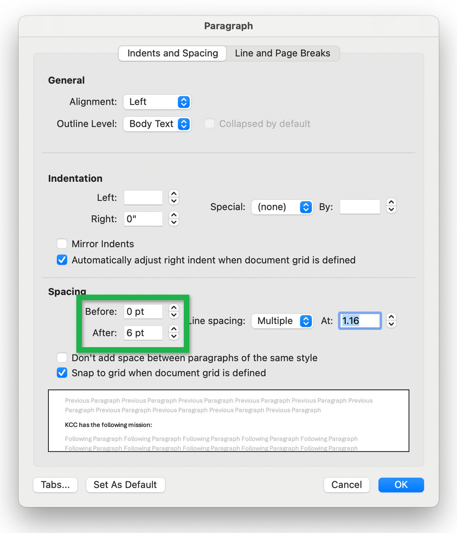 Screenshot highlighting the 'Before' and 'After' fields for adjusting spacing in the 'Paragraph' spacing window.