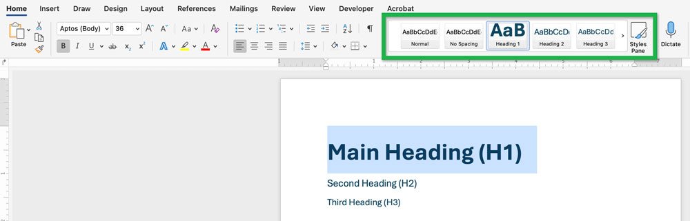 Screenshot of a Word document on the 'Home' tab with a green rectangle highlighting the 'Styles' panel